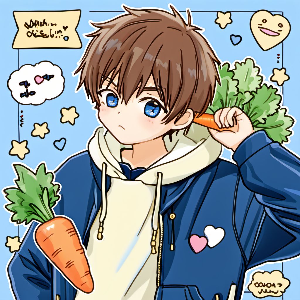 <lora:cartoon_stickers_xl_v1:0.9>,
a man with a carrot and a cat on his shoulder and a cartoon character holding a carrot in his hand, looking_at_viewer, blush, short_hair, blue_eyes, brown_hair, long_sleeves, 1boy, holding, jacket, male_focus, heart, hood, bag, star_\(symbol\), hoodie, blue_jacket, carrot, male_child, solo, english_text