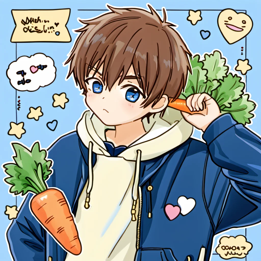 <lora:cartoon_stickers_xl_v1:0.9>,
a man with a carrot and a cat on his shoulder and a cartoon character holding a carrot in his hand, looking_at_viewer, blush, short_hair, blue_eyes, brown_hair, long_sleeves, 1boy, holding, jacket, male_focus, heart, hood, bag, star_\(symbol\), hoodie, blue_jacket, carrot, male_child, solo, english_text