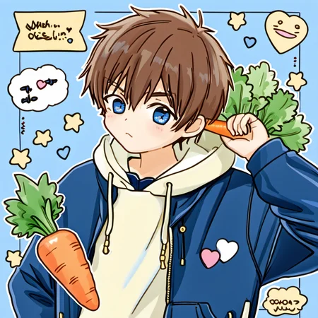 <lora:cartoon_stickers_xl_v1:0.9>,
a man with a carrot and a cat on his shoulder and a cartoon character holding a carrot in his hand, looking_at_viewer, blush, short_hair, blue_eyes, brown_hair, long_sleeves, 1boy, holding, jacket, male_focus, heart, hood, bag, star_\(symbol\), hoodie, blue_jacket, carrot, male_child, solo, english_text