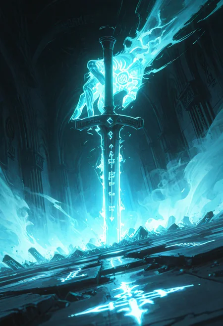 dynamic angle, unusual angle, dynamic, dynamic composition, single sword, runic engraving, runes, sould of the damned,
In the dim, flickering light, a shadowy figure emerges, its presence cloaked in an air of mystery. Slowly, it reaches out toward the hilt of the shattered runic sword, its movements deliberate yet hesitant. The ancient engravings on the hilt begin to pulse faintly, glowing like a dying ember, their light casting eerie shadows across the figure’s outstretched hand. The closer it gets, the air grows colder, heavy with an otherworldly presence. From the jagged break in the blade, spectral wisps begin to unfurl, curling and twisting like smoke, their forms coalescing into ghostly faces etched with agony. Whispers fill the air—soft at first, but rising into a cacophony of tormented wails. The figure’s hand trembles as its fingers hover just above the hilt, as though sensing the weight of the cursed power it is about to claim. Finally, with a sharp intake of breath, the hand closes around the sword. The runes ignite with a blinding light, and the escaping souls recoil, writhing in both fear and fury.