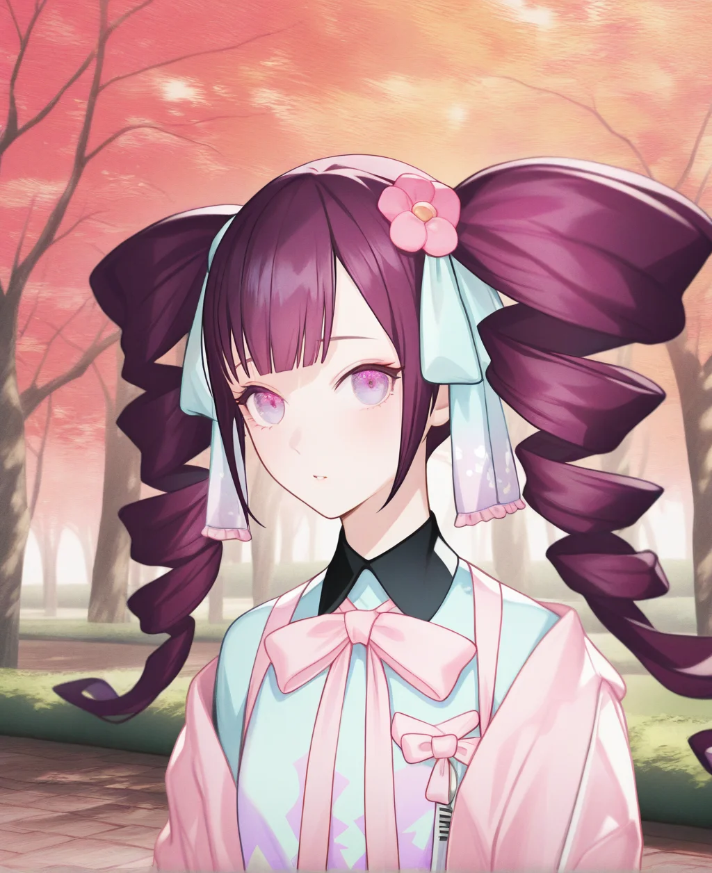 artist:gomzi,artist:wanke,artist:diyokama, rei_(sanbonzakura),[[artist:fuzichoco]],year 2023, 
solo,
sweet-p, gradient eyes, purple eyes, purple hair, twin drills, hair flower, hair flower, pink jacket, pink bow, pink ribbon, print dress,
upper body, park, 