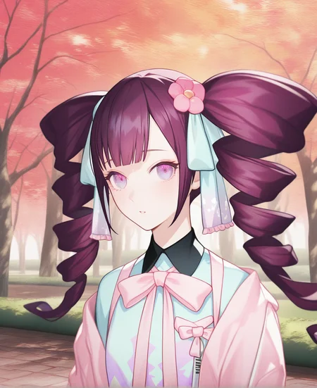 artist:gomzi,artist:wanke,artist:diyokama, rei_(sanbonzakura),[[artist:fuzichoco]],year 2023, 
solo,
sweet-p, gradient eyes, purple eyes, purple hair, twin drills, hair flower, hair flower, pink jacket, pink bow, pink ribbon, print dress,
upper body, park, 