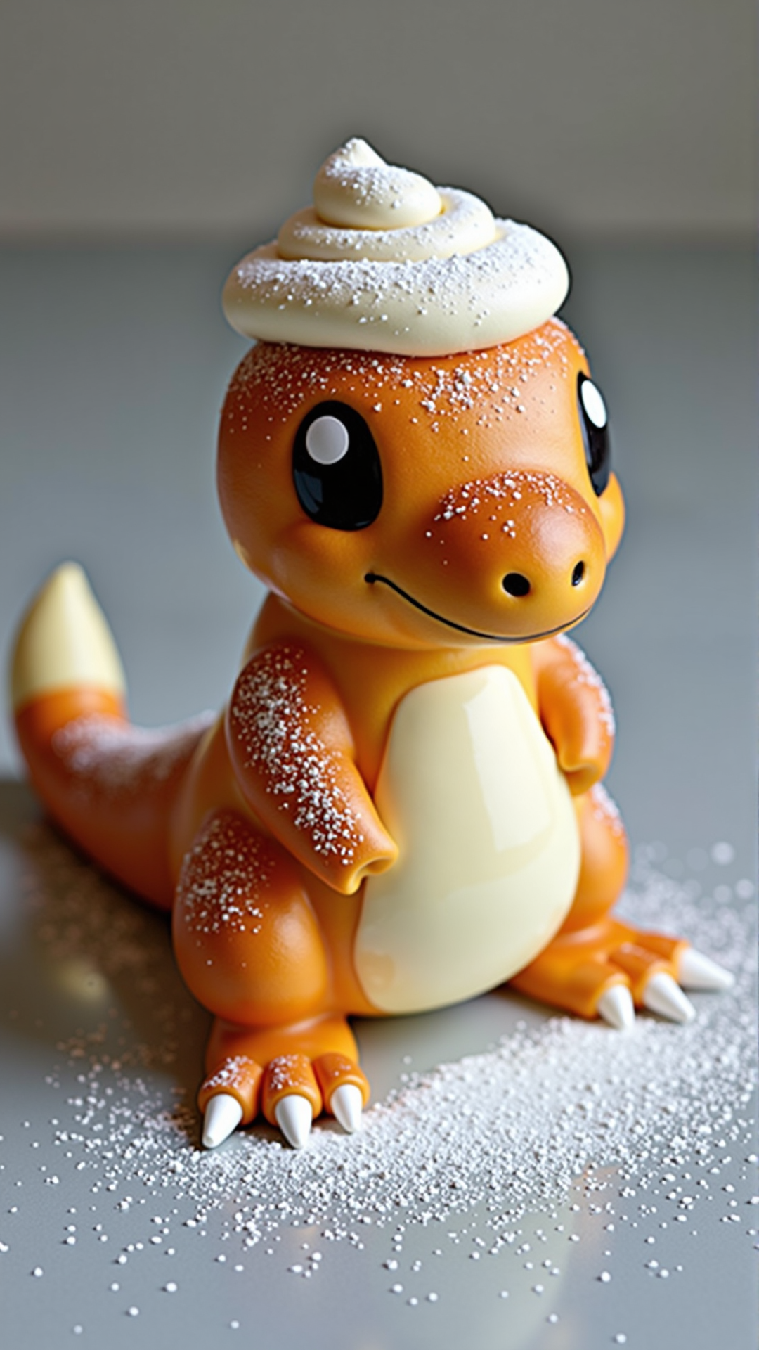 A photo of a SemlaStyle Charmander made entirely out of semla which made out of wheat material with whipped cream and with powdered sugar on top. Food craft.<lora:SemlaStyleFlux:1>