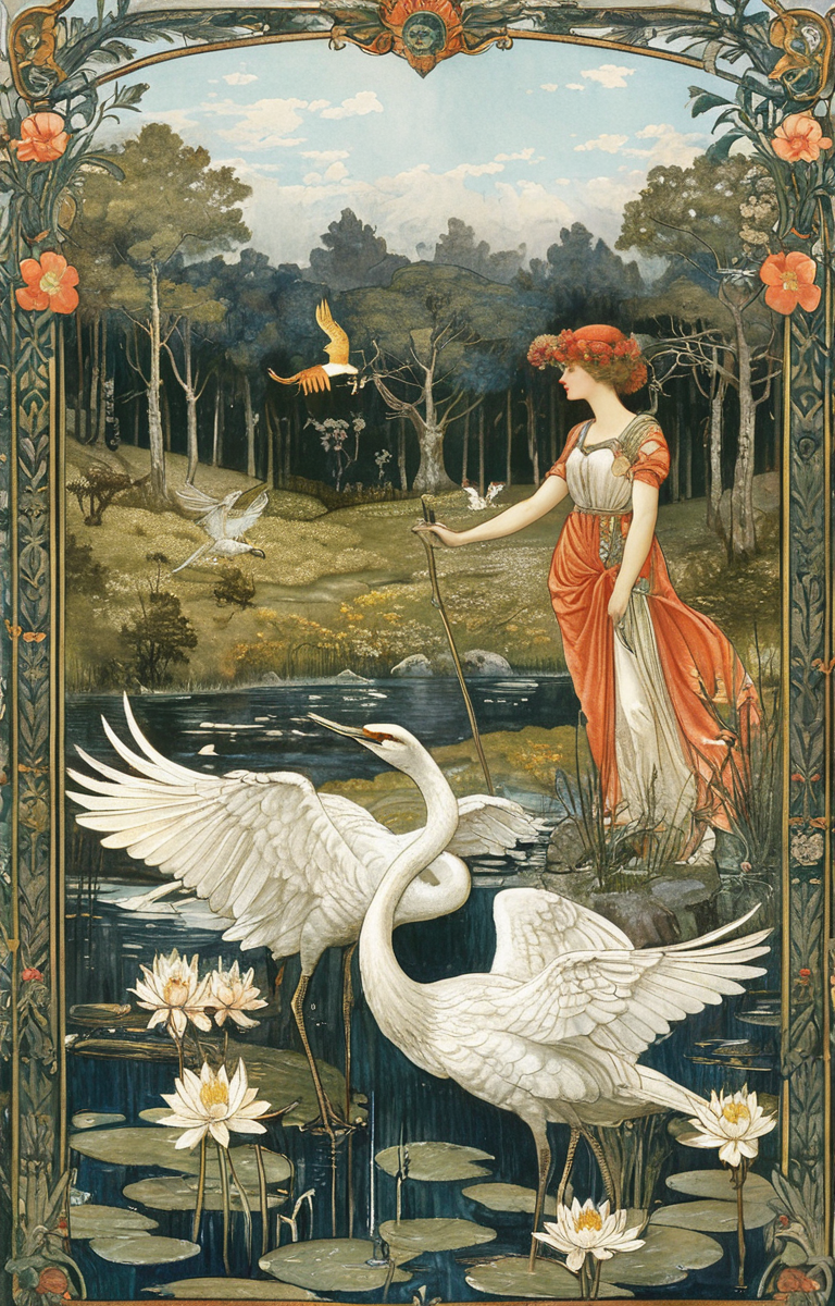 masterpiece,best quality,<lora:tbh132-sdxl:0.8>,animals,illustration,style of Walter Crane,
