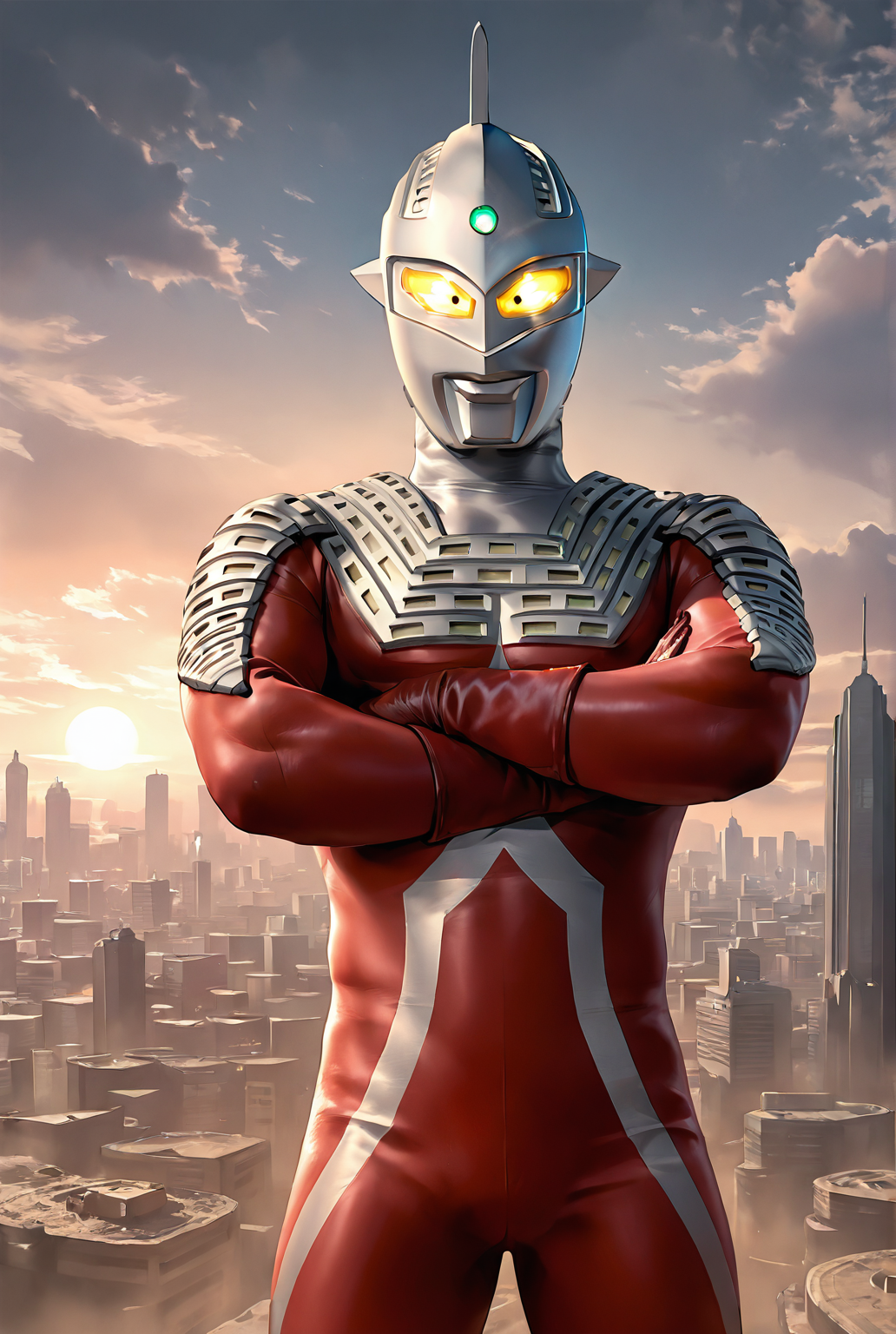 score_9,score_8_up,score_7_up,best quality,ultra-detailed,high resolution,digital painting,8k,1boy,solo,cowboy shot,male focus,bara,detailed face,alien,tokusatsu,yellow eyes,glowing eyes,red bodysuit,gloves,front view,standing,crossed arms,giant,cityscape,<lora:add-detail-xl:1>,<,<lora:Ultraman Seven[illustrious]:0.7>,,ultraman seven,ultraman,,