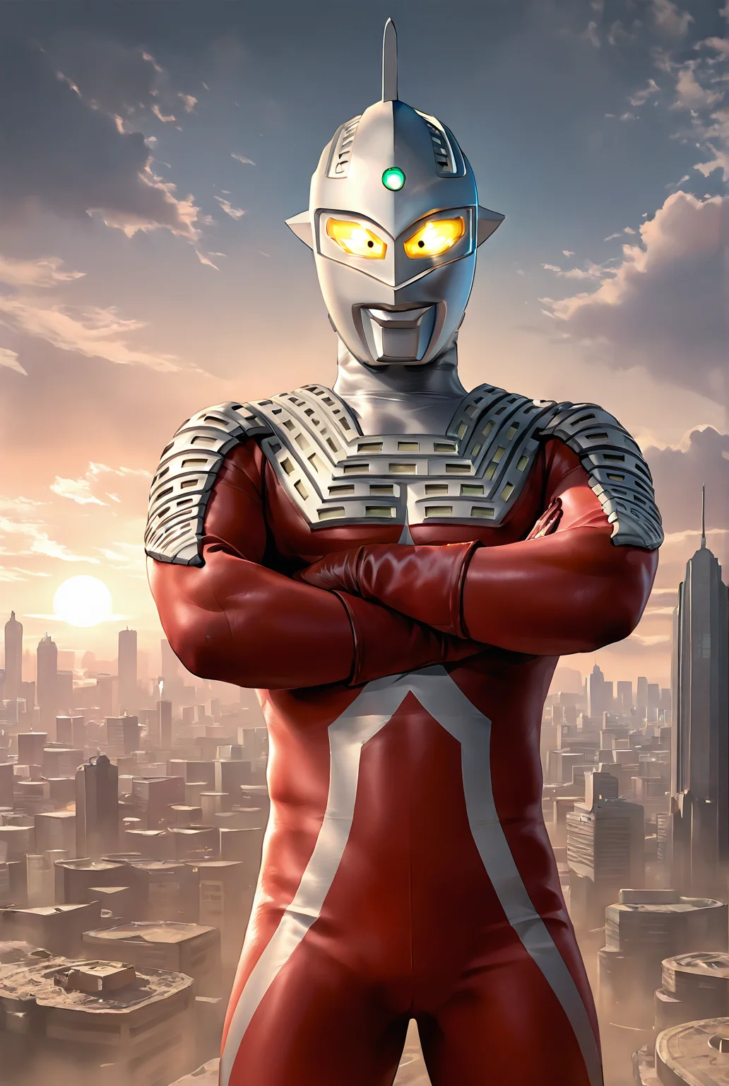 score_9,score_8_up,score_7_up,best quality,ultra-detailed,high resolution,digital painting,8k,1boy,solo,cowboy shot,male focus,bara,detailed face,alien,tokusatsu,yellow eyes,glowing eyes,red bodysuit,gloves,front view,standing,crossed arms,giant,cityscape,<lora:add-detail-xl:1>,<,<lora:Ultraman Seven[illustrious]:0.7>,,ultraman seven,ultraman,,