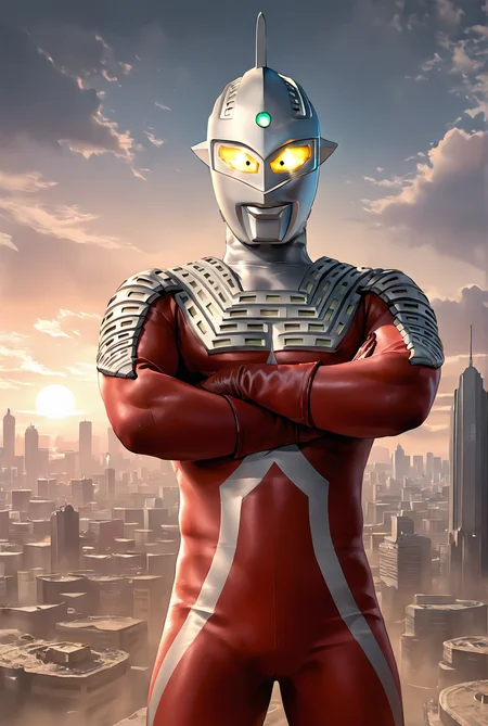score_9,score_8_up,score_7_up,best quality,ultra-detailed,high resolution,digital painting,8k,1boy,solo,cowboy shot,male focus,bara,detailed face,alien,tokusatsu,yellow eyes,glowing eyes,red bodysuit,gloves,front view,standing,crossed arms,giant,cityscape,<lora:add-detail-xl:1>,<,<lora:Ultraman Seven[illustrious]:0.7>,,ultraman seven,ultraman,,