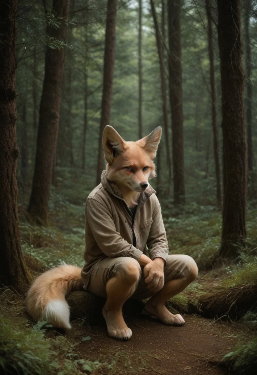 anthro, 1boy, fox, sitting, fallen tree, in a forest background, UHD, score_8_up, score_9
