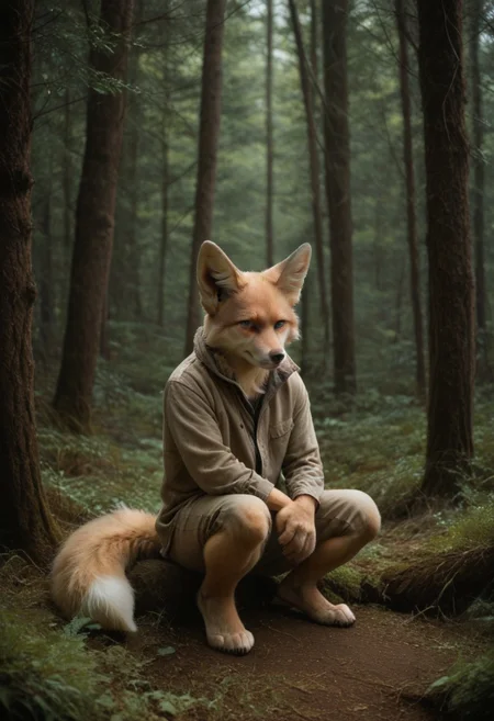 anthro, 1boy, fox, sitting, fallen tree, in a forest background, UHD, score_8_up, score_9