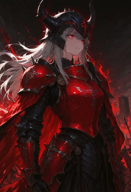 (masterpiece), (best quality), (ultra-detailed), amazing quality, very aesthetic, illustration, newest, upper body, colorful, vibrant, looking to the side, (oil painting:1.1), cinematic lighting, <lora:Avarice:1>, edgeofavarice, avarice, glowing silver runes, dark fantasy,
1girl, solo, cape, angelic_emblem_on_cape long sleeves, faulds, horned helmet, full_helmet, black and red armor, spiked armor, spiked gauntlets, spiked helmet, full_armor, full_plate_armor, winged_helmet, gold_armor, winged_shoulders, clawed_gauntlets, holy_emblem, segmented_faulds, tattered_cape, aura_of_hope, inspiring_presence, holy_glow, massive_blade, battlefield_setting, heavy_armor, silver hair