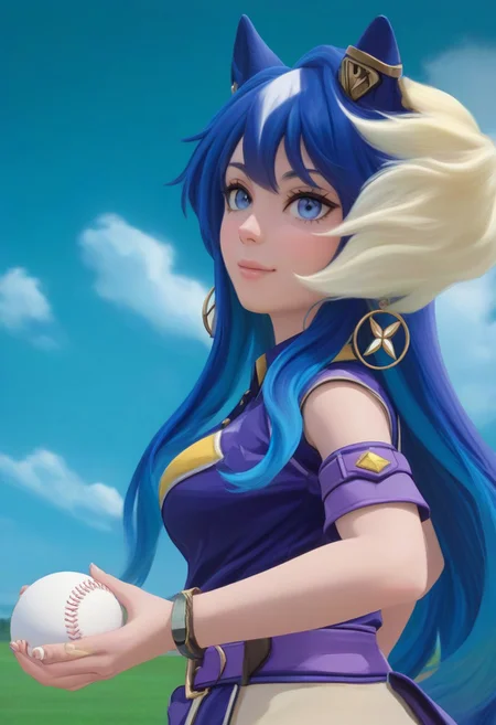 verxina \(umamusume\), umamusume, verxina_(umamusume), 1girl, animal_ears, belt, blue_hair, blush, breasts, casual, closed_mouth, earrings, hair_between_eyes, hair_ornament, horse_ears, horse_girl, jewelry, long_hair, looking_at_viewer, mole, mole_under_eye, girl, purple_eyes, ring, single_earring, solo, cottoncandy, holding a baseball ball, outdoor, fantasy, on green ground made by cloud, sunny day, bare_shoulders, blue_eyes, detached_collar, ear_covers, from_above, multicolored_hair, single_ear_cover, single_wrist_cuff, smile, streaked_hair, white_hair, wrist_cuffs