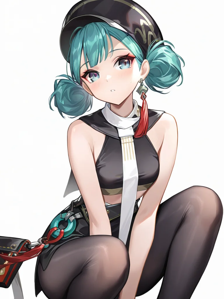 ,1girl,black pantyhose,black shirt,blue eyes,double bun,hair bun,looking at viewer,lvxue,necktie,sleeveless shirt,solo,white background,simple background,<lora:lvxue-000014:1>, masterpiece, best quality, very aesthetic, absurdres