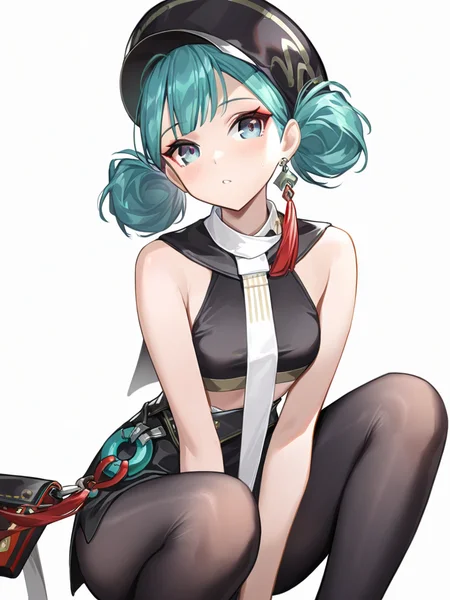 ,1girl,black pantyhose,black shirt,blue eyes,double bun,hair bun,looking at viewer,lvxue,necktie,sleeveless shirt,solo,white background,simple background,<lora:lvxue-000014:1>, masterpiece, best quality, very aesthetic, absurdres