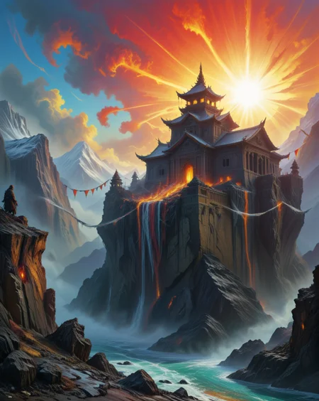 dark fantasy Himalayan monastery clinging to cliffs, prayer flags battling jet streams,Volcanic winter: Stratospheric aerosols painting expressionist sunsets,
random character in landcscape,
 <lora:ral-dark-fantasy-il:0.7>,eldritch horror,
<lora:extremely_detailed:0.7> extremely detailed,
<lora:DetailMaximizer:0.3>,
 <lora:Dream Scenery XL:0.3> Dream Scenery,
<lora:add-detail-xl:0.7>,
detailxl