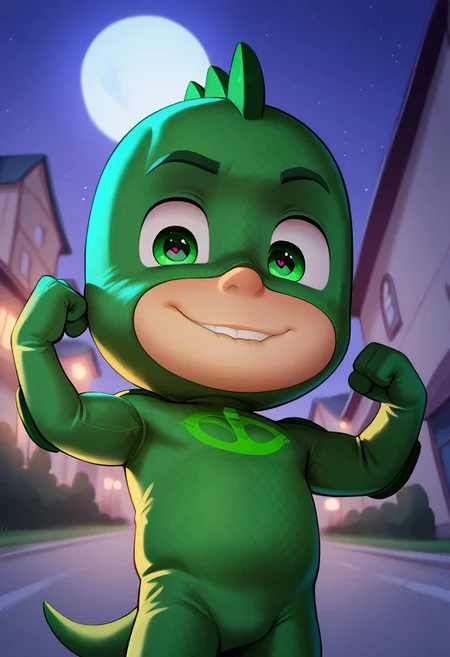 (score_9, score_8_up, score_7_up), highly detailed, cute boy, masterpiece, best quality, high quality, detailed, round face, round eyes, round pupils, shining eyes, petite, flat chested, aged down, cute, kawaii, short, 1boy, solo, Gekko Costume, Green Bodysuit, Green Eyes, Mask, Tail, looking at biceps, flexing arms, at night, strong, full moon, smug smile, narrowed eyes, biting lip, low angle view, perfect detail, perfect eyes, perfect face, perfect mouth, night time, moonlighting, empty streets, outdoors, street, city background, textured costume, bold lines, volumetric lighting, moon in background, ((blurred detailed background)), natural lighting, (ray tracing, good shadows), young