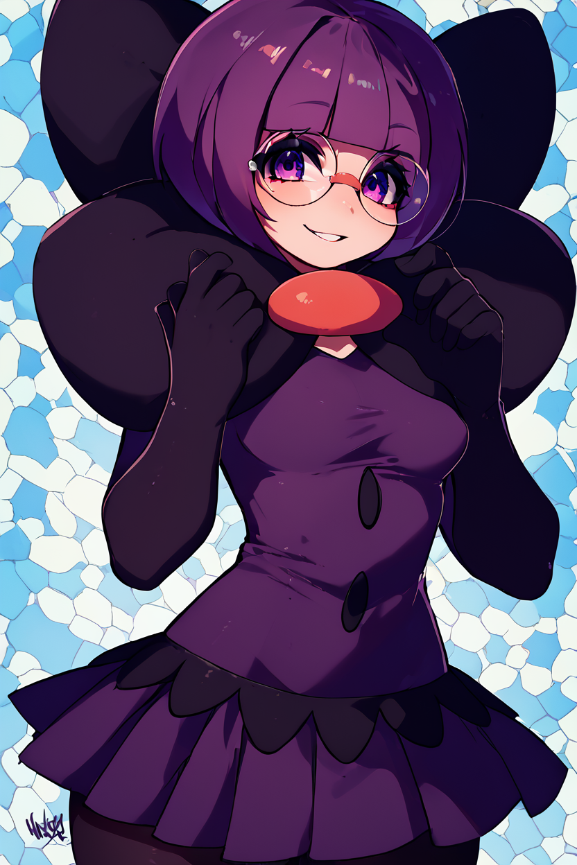 score_9, score_8_up, score_8, medium breasts, (curvy), cute, eyelashes,       ,,, , ,,, zzShauntal, purple eyes, bob cut, glasses, round eyewear, short hair, blunt bangs, purple hair, elbow gloves, purple skirt, skirt, bow, dress, large bow, <lora:Shauntal_Pokemon_PDXL:1.0>,  ,,,, BREAK, smile, looking at viewer, cowboy shot, ,,, embedding:zPDXL, Expressiveh, ,,, <lora:Zankuro_Style_PDXL:0.8> <lora:SDXLFaeTastic2400:0.5>, <lora:Expressive_H-000001:0.4>,