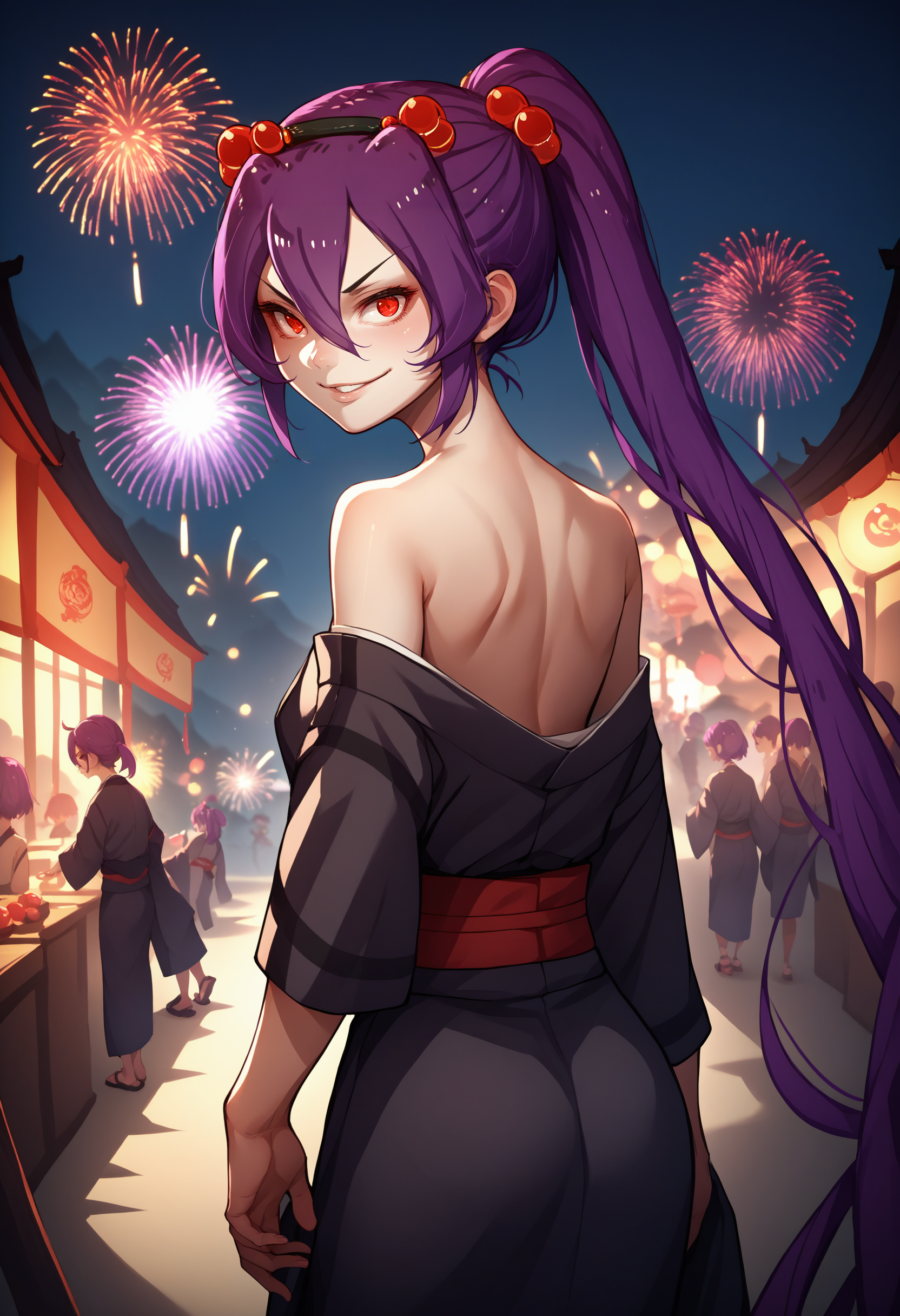 score_9, score_8_up, score_7_up, source_anime, 1girl, solo,  <lora:Spiderchan_XLPD:1>, Spider-chan, purple hair, red eyes, ponytail, hair ornament, hair between eyes, hair bobbles, long hair, bangs, kimono, off shoulder, from behind, festival, fireworks, seductive smile, looking back, cowboy shot,