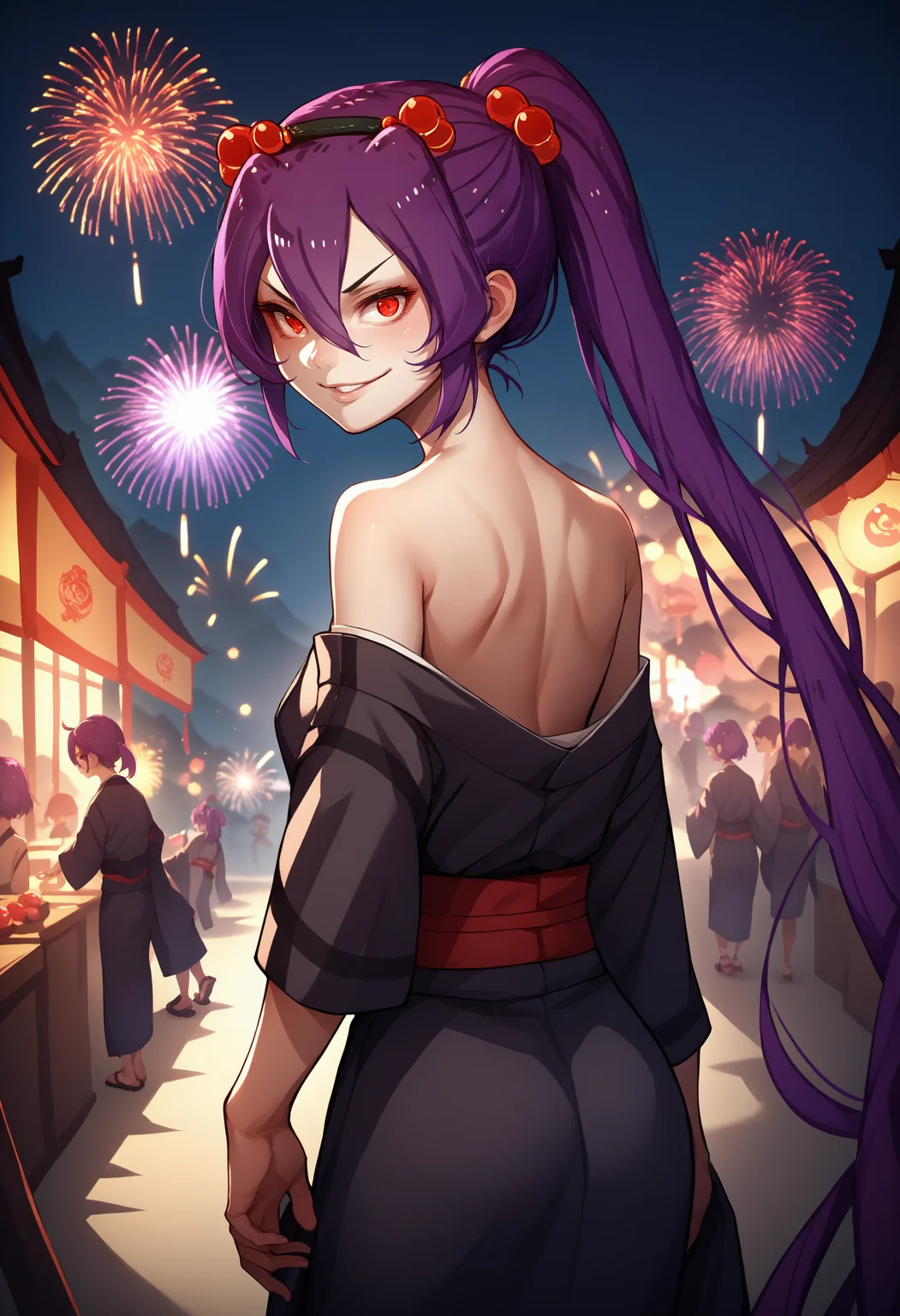 score_9, score_8_up, score_7_up, source_anime, 1girl, solo, <lora:Spiderchan_XLPD:1>, Spider-chan, purple hair, red eyes, ponytail, hair ornament, hair between eyes, hair bobbles, long hair, bangs, kimono, off shoulder, from behind, festival, fireworks, seductive smile, looking back, cowboy shot,