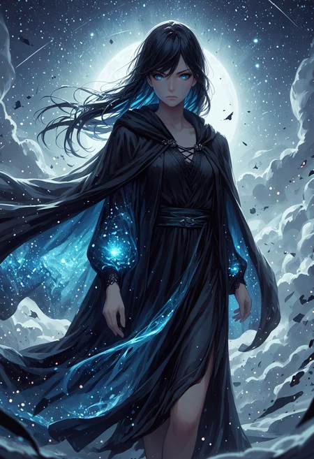score_9, score_8_up, score_7_up, score_6_up, score_5_up, score_4_up, realistic, concept art
BREAK outside, night, stars, glitter, sparkles, mist, dramatic lighting, action shot
BREAK nyx, goddess of the night, glowing blue eyes, ethereal hair, long flowing hair, intricate clothing, dress, lace, cloak, wind, magic user, hand up
<lora:Nyx-GoddessOfTheNight_ponyXL_v10:1> <lora:Guweiz_ponyXL_v10:0.6>