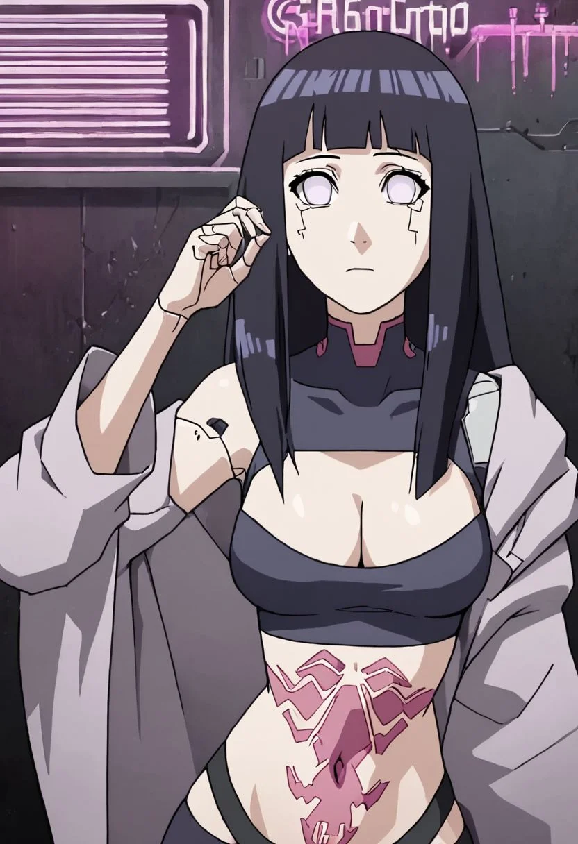 Masterpiece, best quality, 1girl,
<lora:jlFemaleBeta47_SDXL_v1:1>,
chinese, humanoid robot, cyberpunk, neon, stomach tattoo, cleavage, waifu, (hinata, hyuuga hinata, purple eyes, blunt bangs, black hair, white eyes, no pupils