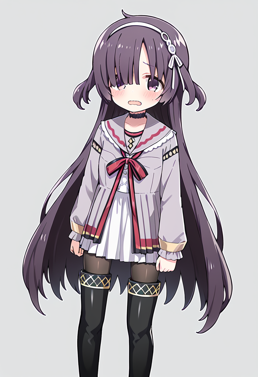 score_9, score_8_up, score_7_up, source_anime, rating:general,  <lora:lowres_concept_ponyXL_v1:-0.3>
BREAK,
1girl, solo, <lora:sumeragi_utsutsu_PonyXL_v1:1> sumeragi utsutsu, purple hair, long hair, bangs, purple eyes, 
looking at viewer, blush, open mouth, simple background, thighhighs, long sleeves, white background, dress, ribbon, school uniform, standing, pantyhose, hairband, boots, frills, choker, black thighhighs, sailor collar, black footwear, white dress, hair over one eye, red ribbon, two side up, neck ribbon, thigh boots, wavy mouth,
