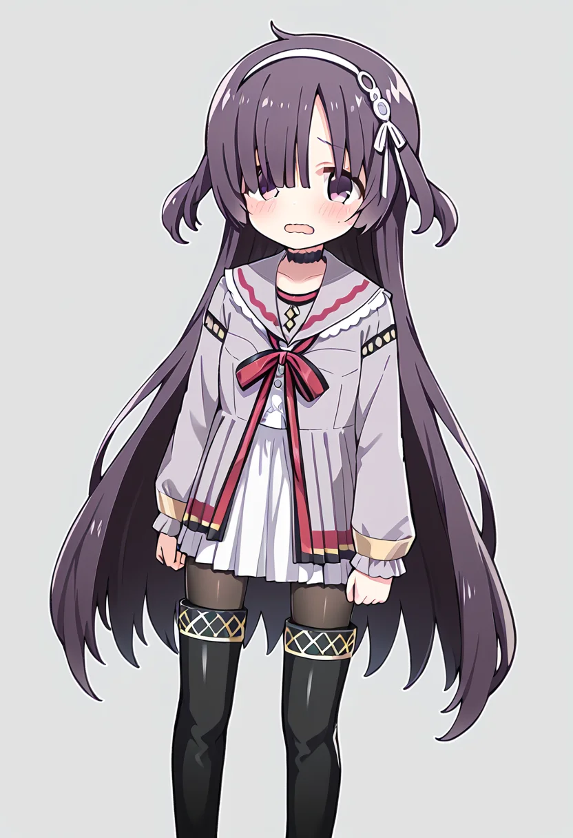 score_9, score_8_up, score_7_up, source_anime, rating:general, <lora:lowres_concept_ponyXL_v1:-0.3>
BREAK,
1girl, solo, <lora:sumeragi_utsutsu_PonyXL_v1:1> sumeragi utsutsu, purple hair, long hair, bangs, purple eyes,
looking at viewer, blush, open mouth, simple background, thighhighs, long sleeves, white background, dress, ribbon, school uniform, standing, pantyhose, hairband, boots, frills, choker, black thighhighs, sailor collar, black footwear, white dress, hair over one eye, red ribbon, two side up, neck ribbon, thigh boots, wavy mouth,