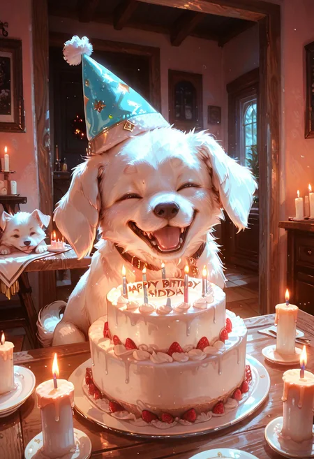 masterpiece, best quality, amazing quality, flat colors, high detailed, high quality, high resolution, 4k , male , solo , 1boy, feral, puppy, white fur, eyes closed, Birthday cake, candles, at table, birthday hat, happy, in house , dynamique angle, sitting, looking at viewer, smile