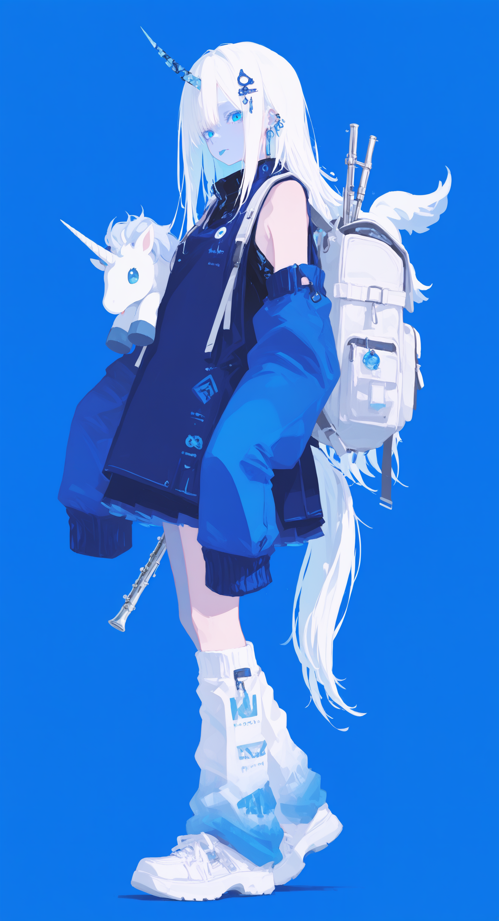 masterpiece,best quality,amazing quality, 1girl, solo, long hair, looking at viewer, blue eyes, shirt, skirt, long sleeves, hair ornament, closed mouth, jewelry, tail, full body, white hair, earrings, horns, detached sleeves, shoes, sleeveless, socks, tongue out, blue skirt, sleeves past wrists, blue background, white socks, white footwear, stuffed toy, backpack, instrument, sleeves past fingers, single horn, blue theme, creature, loose socks, leg warmers, blue sleeves, flute, unicorn, h4ra_illu <lora:ponyv6_noobE11_2_adamW-000017:0.3> <lora:XXX667:0.6> <lora:96YOTTEA-WAI:0.7> <lora:hara_id_21:0.8>