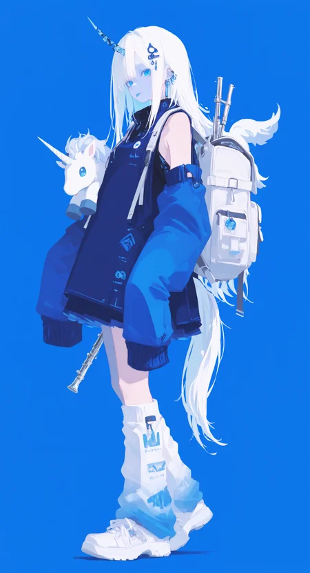 masterpiece,best quality,amazing quality, 1girl, solo, long hair, looking at viewer, blue eyes, shirt, skirt, long sleeves, hair ornament, closed mouth, jewelry, tail, full body, white hair, earrings, horns, detached sleeves, shoes, sleeveless, socks, tongue out, blue skirt, sleeves past wrists, blue background, white socks, white footwear, stuffed toy, backpack, instrument, sleeves past fingers, single horn, blue theme, creature, loose socks, leg warmers, blue sleeves, flute, unicorn, h4ra_illu <lora:ponyv6_noobE11_2_adamW-000017:0.3> <lora:XXX667:0.6> <lora:96YOTTEA-WAI:0.7> <lora:hara_id_21:0.8>