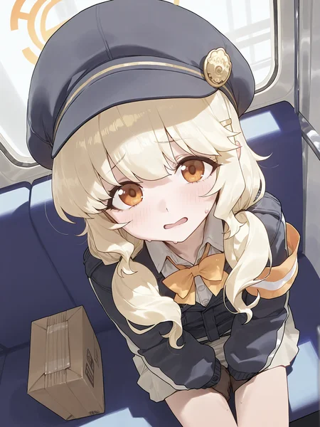 modare, aoba_(blue_archive), 1girl, solo, halo, from above, looking at viewer, hands between crotch, flat chest, hat, blonde, low twin tails, hair over shoulder, jacket, yellow bow tie, beige collared shirt, armband, beige skirt, brown gloves, nervous, sweat drop, train interior, aesthetic, __positive__, <lora:アオバ__Blue_Archive_内海アオバ:0.8>