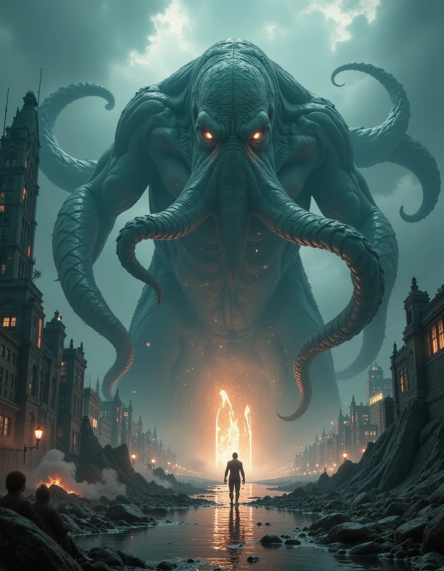 gigantic Cthulhu opening a portal to the abyss in the middle of an advanced city, large scale, breathtaking, mixed media, digital art, trending on artstation, 8k, epic composition, highly detailed, AAA graphics