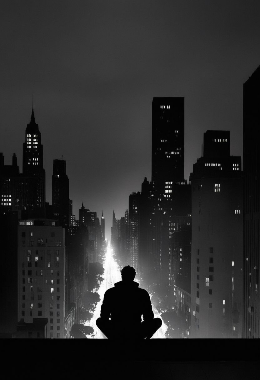 (best quality, masterpiece, colorful, dynamic angle, highest detailed)  
 Superman sitting on the roof looking at the city New York, feel the daggers in the dark, depression, alone, monochrome, pop of colors, extremely detailed, paranoid, mood, you make me feel fucking sad