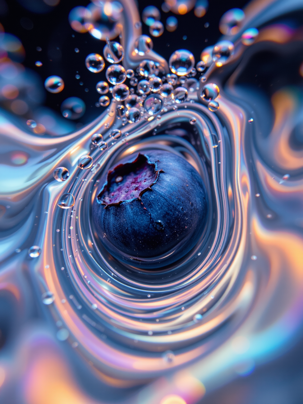 Abstract closeup of a blueberry, distorted by swirling water, liquid patterns and bubbles reflecting colorful, glowing light. The entire scene appears as if underwater in a dream-like state, fluid movement creating artistic waves around the fruit, soft gradients of blue blending with light purples, evoking a surreal and fluid atmosphere.
