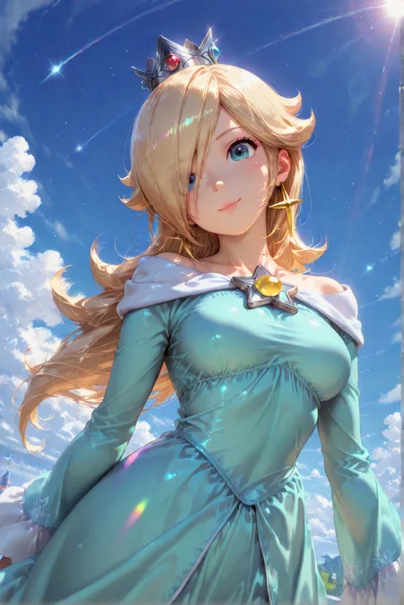 1girl, princess rosalina, short hair, silver crown, day, blue eyes, long sleeves, smile, head tilt, stars, dynamic action, dynamic angle, colorful, masterpiece, best quality, amazing quality