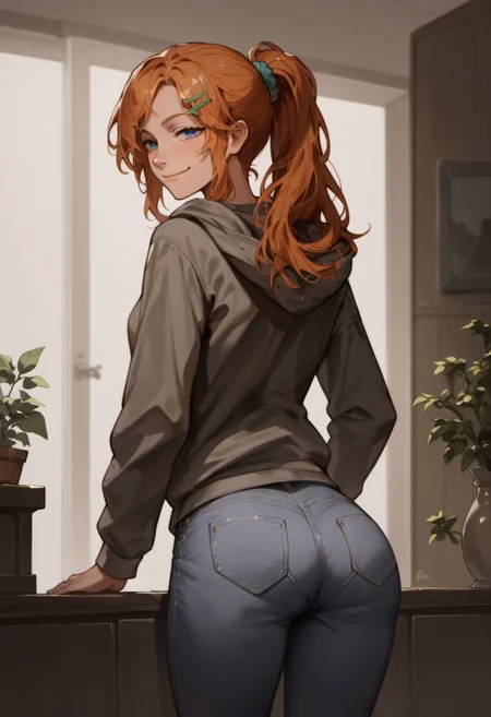 score_9, score_8_up, score_7_up, score_6_up, gravitydusty style,
1girl, solo, long hair, looking at viewer, smile, hair ornament, long sleeves, closed mouth, blue eyes, standing, ponytail, ass, hairclip, looking back, indoors, hood, clothes lift, from behind, blond hair, hoodie, hood down, smug, grey hoodie, jeans,
<lora:fix_hands:1.5>,
<lora:gravitydusty_style_v1-000007:0.8>