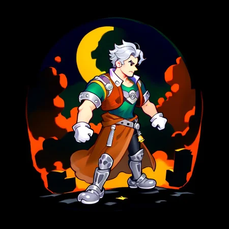 score_9, score_8_up, score_7_up, score_6_up, score_5_up, score_4_up, papermariostyle, 1boy, toned male, natgra, steel greaves, brown skirt, black pants, green shirt, leather vest, silver belts, white gloves, silver hair, night, moon, dark lighting,