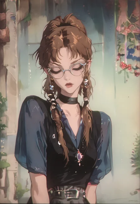 <lora:Karen-PXL:1> Karen-PXL, Karen, glasses, 1girl, solo, eyes_closed, upper body, translucent vest, Titanium bridal gauntlets, short sleeves, Indian Ethnic, kitchen, score_9, score_8_up, score_7_up, score_6_up, score_5_up, score_4_up, <lora:OldAnimeStyle_XL_v3:1> Vintage, 1990s \(style\)