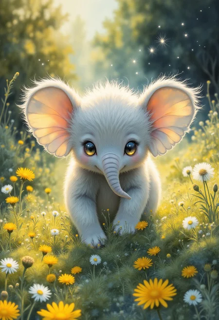 masterpiece, best quality, A fluffy, cute tiny elephant cub waddles playfully through a sunlit meadow dotted with vibrant dandelions, its large, round eyes glistening with curiosity. The soft, white fur radiates warmth, while its oversized ears flap lightly with each enthusiastic step. As gentle breezes carry wisps of dandelion seeds into the air, the scene encapsulates a whimsical, carefree moment in nature’s embrace, emphasizing the elephant's joyful exploration. masterpiece raw analog candid photography, rendered in breathtaking hyperrealism. The creature`s face retains the quintessential feline charm, captures the quiet magic of nature's resilience and the promise of spring, highly detailed, beautiful, vibrant, masterpiece, 32k, ultra HD, ultra-detailed, amazing quality, amazing artist, sharp edges, detailed textures, full view, atmospheric lighting, amazing visuals, An embroidered design Spring atmosphere