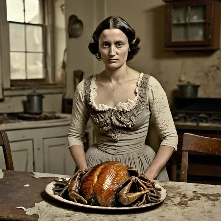 daguerreotype tintype portrait of circa 1850 woman, setting a platter of roasted alien turkey and trilobites on a dirty dining table, in old kitchen, wearing a cotton revealing sexy dirty old ripped dress made of cotton, detailed face, intricate detail, looking directly at the viewer