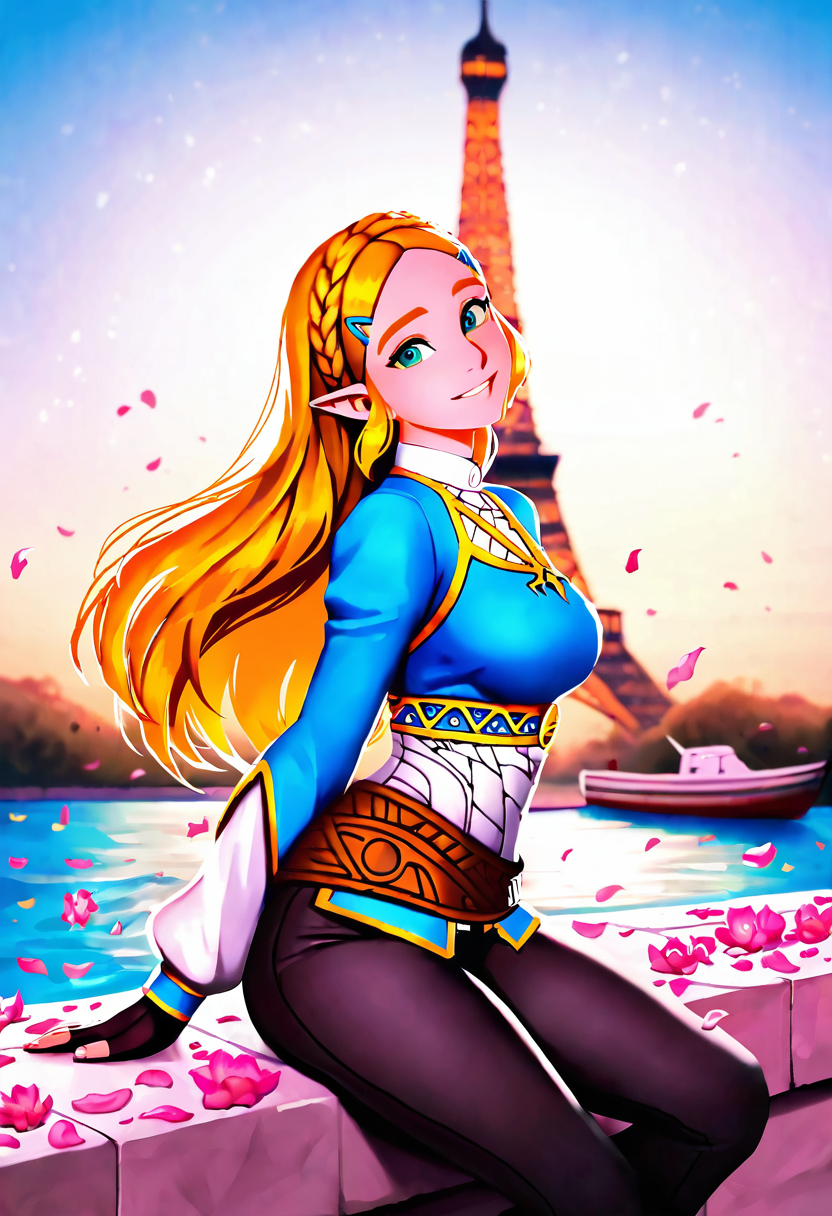 masterpiece, best quality, medium breasts, (curvy),   BREAK,  princess zelda, long hair, crown braid, hairclip, pointy ears, blue shirt, long sleeves, fingerless gloves, black gloves, black pants, tight pants, smile, curvy, head tilt, sitting,  <lora:EiffelTower_NAI:1.0>,  zzEiffelTower in background,  sitting, watercraft, boat, sitting on wall, side view, looking at viewer, smile,,, blooming stars, luminescent petals, otherworldly fragrance blurry background,