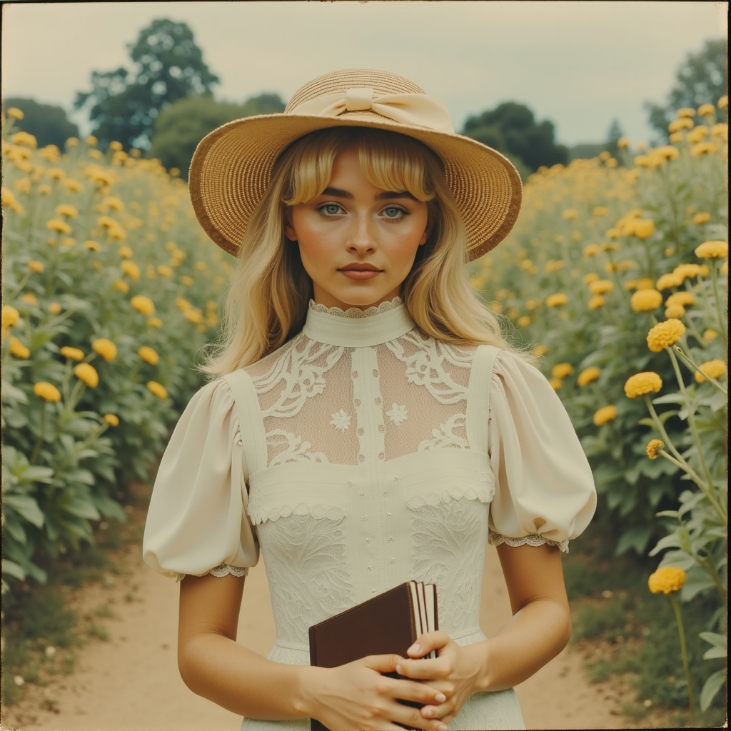 Faded Polaroid Photo, analog film photo A young blonde teen with a serene expression, styled like an Edwardian girl from the early 1910s, wearing a high-neck lace dress with puffed sleeves and a wide-brimmed straw hat tied with a silk ribbon. She strolls through a blooming garden maze in soft afternoon light, holding a journal and a single flower. Captured with a large-format wooden plate camera, soft sepia tones, subtle light bloom, hand-colored tinting effect, vignetted edges, and a shallow depth of field that gives a painterly quality to the frame â a tranquil, timeless snapshot from a forgotten era.<lora:Sabrina Carpenter-v1:1> s4br1n4c, pop idol, petite blond . faded film, desaturated, 35mm photo, grainy, vignette, vintage, Kodachrome, Lomography, stained, highly detailed, found footage, analog, old faded photo, old polaroid, RAW candid cinema, 16mm, color graded portra 400 film, remarkable color, ultra realistic, textured skin, remarkable detailed pupils, realistic dull skin noise, visible skin detail, skin fuzz, dry skin, shot with cinematic camera