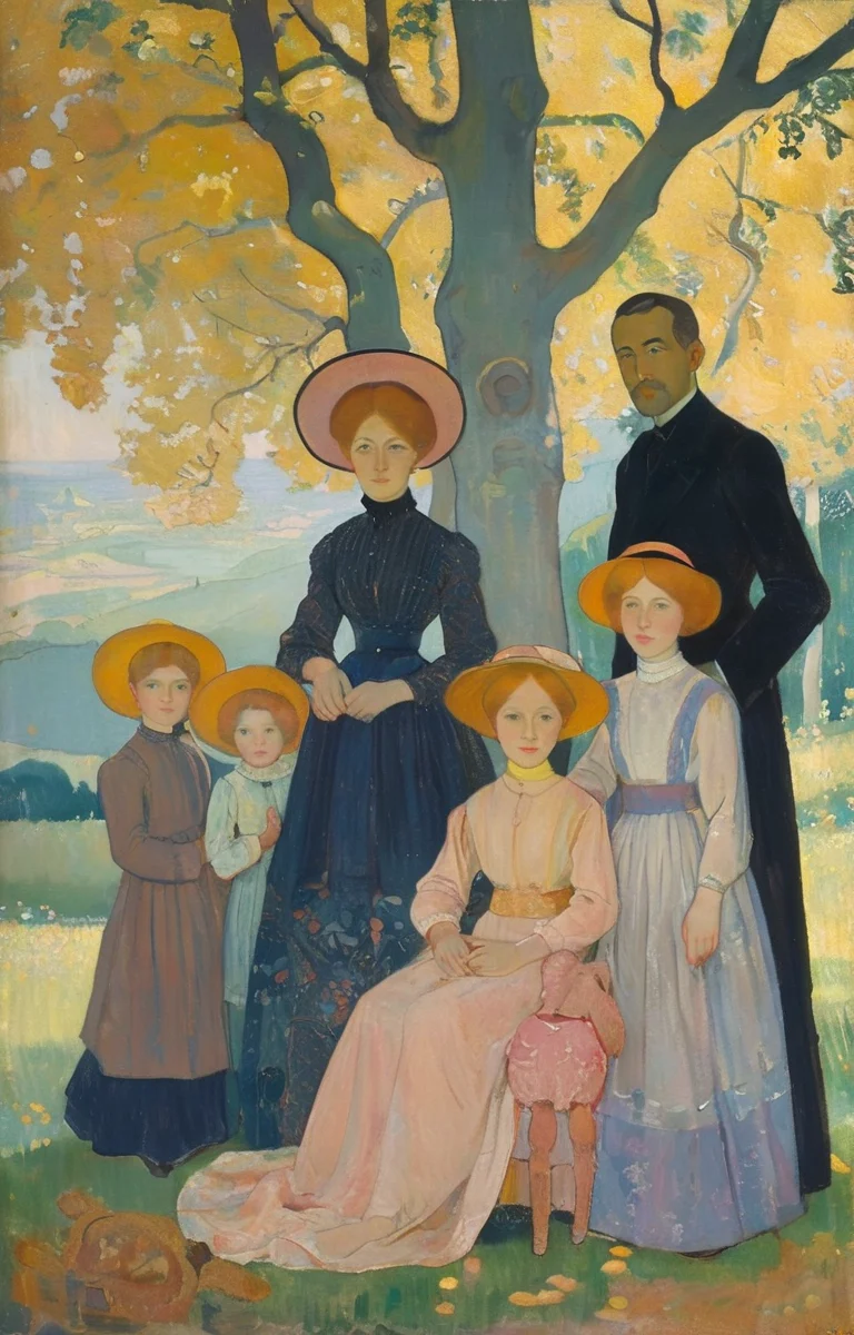 masterpiece,best quality,<lora:tbh380-sdxl:0.6>,illustration,style of Maurice Denis portrait of family