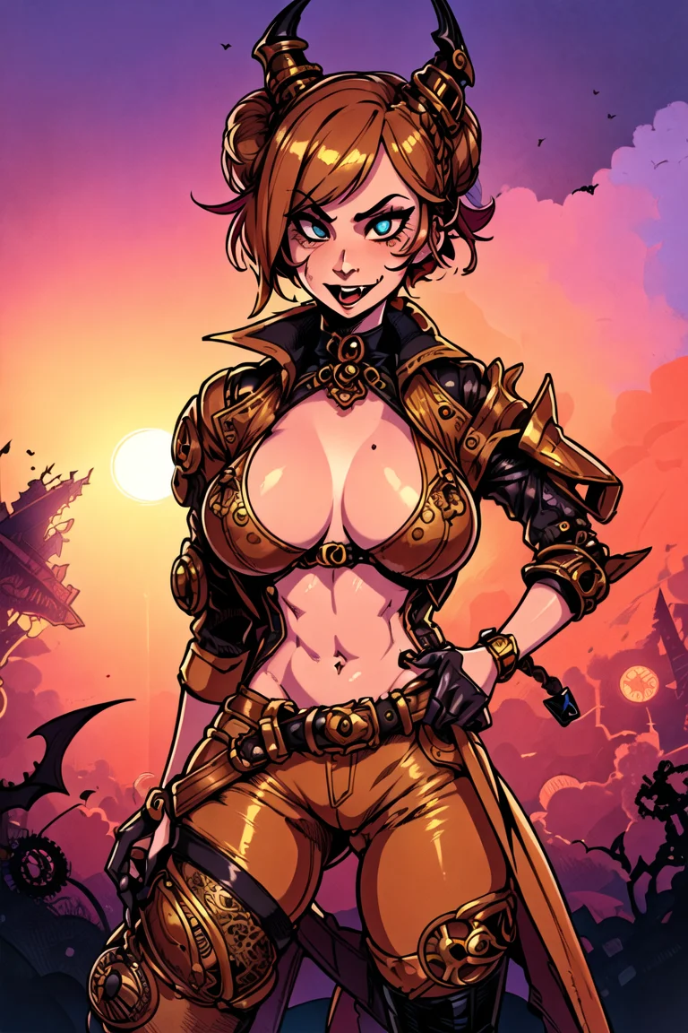 girl, (eyes, eyeshadow, detailed eyes), (hotify,digital art,fit,hot body,instagram:1.2),(vampire:1.4), (Sunrise,Steampunk Background:1.4),Slim Waist,Massive Breasts,(Punching, fighting stance),Very Short Hair,Braided Buns,(tan Oversize,gold Toreador Pants:1.3),umamusume,Watch ,(masterpiece,detailed,highres:1.4) <lora:loop:0.7>