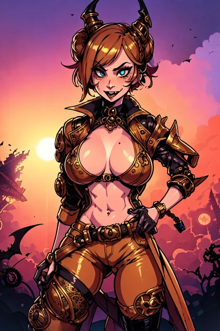 girl, (eyes, eyeshadow, detailed eyes), (hotify,digital art,fit,hot body,instagram:1.2),(vampire:1.4), (Sunrise,Steampunk Background:1.4),Slim Waist,Massive Breasts,(Punching, fighting stance),Very Short Hair,Braided Buns,(tan Oversize,gold Toreador Pants:1.3),umamusume,Watch ,(masterpiece,detailed,highres:1.4) <lora:loop:0.7>