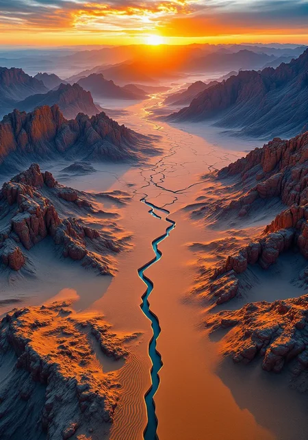 You are an assistant designed to generate superior images with the superior degree of image-text alignment based on textual prompts or user prompts. <Prompt Start> This sweeping aerial view captures the stark elegance of an arid desert meeting rugged mountain ridges through a high-resolution camera lens. Intricate sand ripples, weathered rock formations, and detailed textures of cracked earth are illuminated under a radiant sunrise. Vivid oranges blend with deep rust and cool granite blues, showcasing meticulous natural gradients. A dynamic tracking perspective emphasizes the expansive, untouched wilderness, highlighting epic spatial composition and ethereal atmospheric clarity. Captured in 8K masterpiece quality, this hyper-detailed image features immersive textures and a vibrant color palette that highlights sublime contrasts in nature's raw elements.