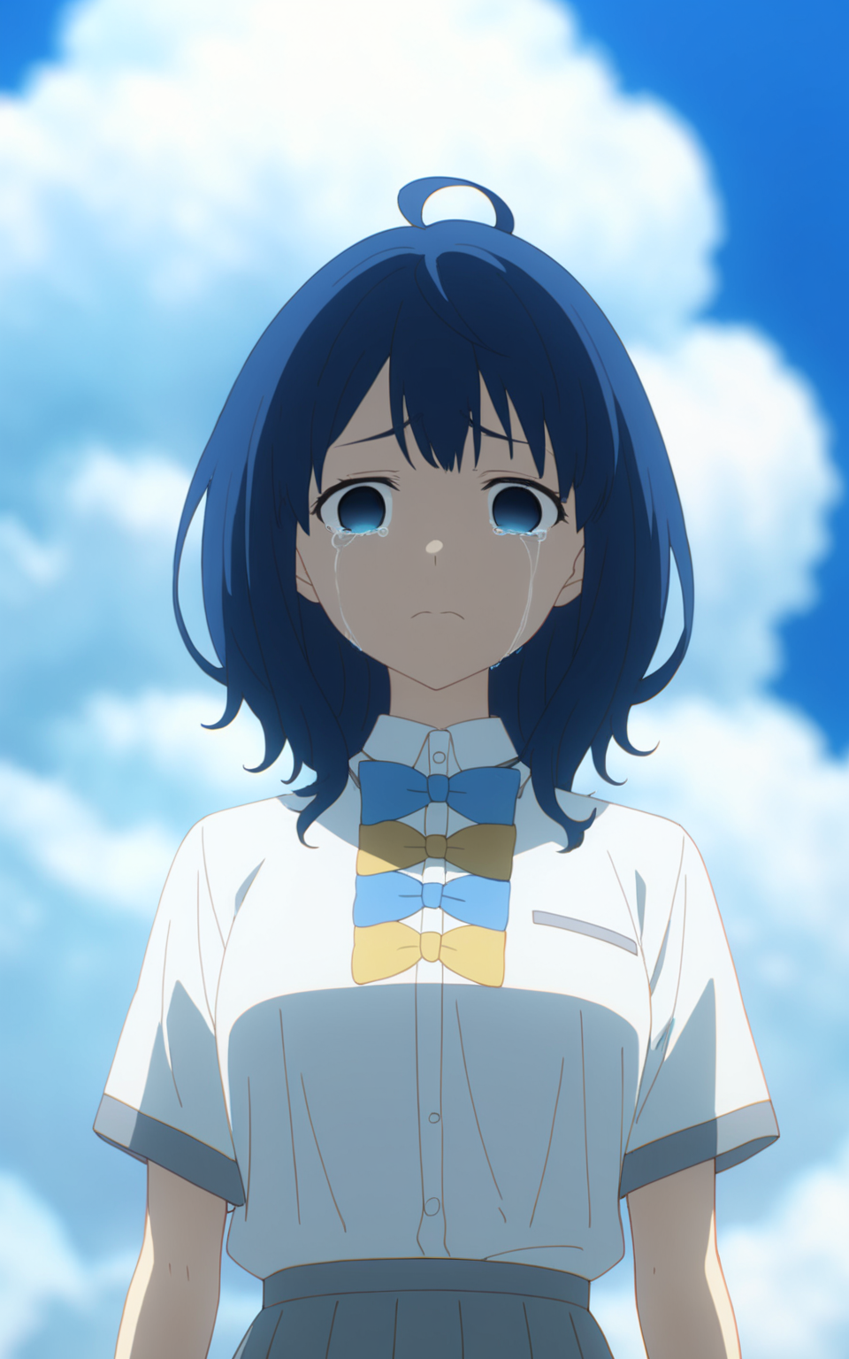8k, best quality, masterpiece, (ultra-detailed), (high detailed skin), 
<lora:Yanami_Anna-a3-Tanger:0.8>, Yanami Anna, 1girl, blue hair, blue eyes, 
default clothes, white shirt, short sleeves, school uniform, bow, 
beautiful blue sky, cloud, standing, ( upper body), looking at viewer, tears, two eyes without god, both eyes out of focus, empty eyes,