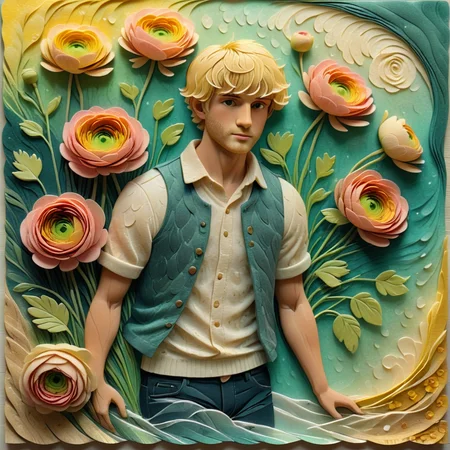male floral print, ranunculus, blonde-haired, woodcut, felt, naive art style, Gradient Lighting, vintage palette, wave pattern, bokeh effect, reflections accents, woven, brushed texture, distressed finish <lora:artfully_ETHEREAL-GEOMETRIC-FLORAL-FUSION:1>,