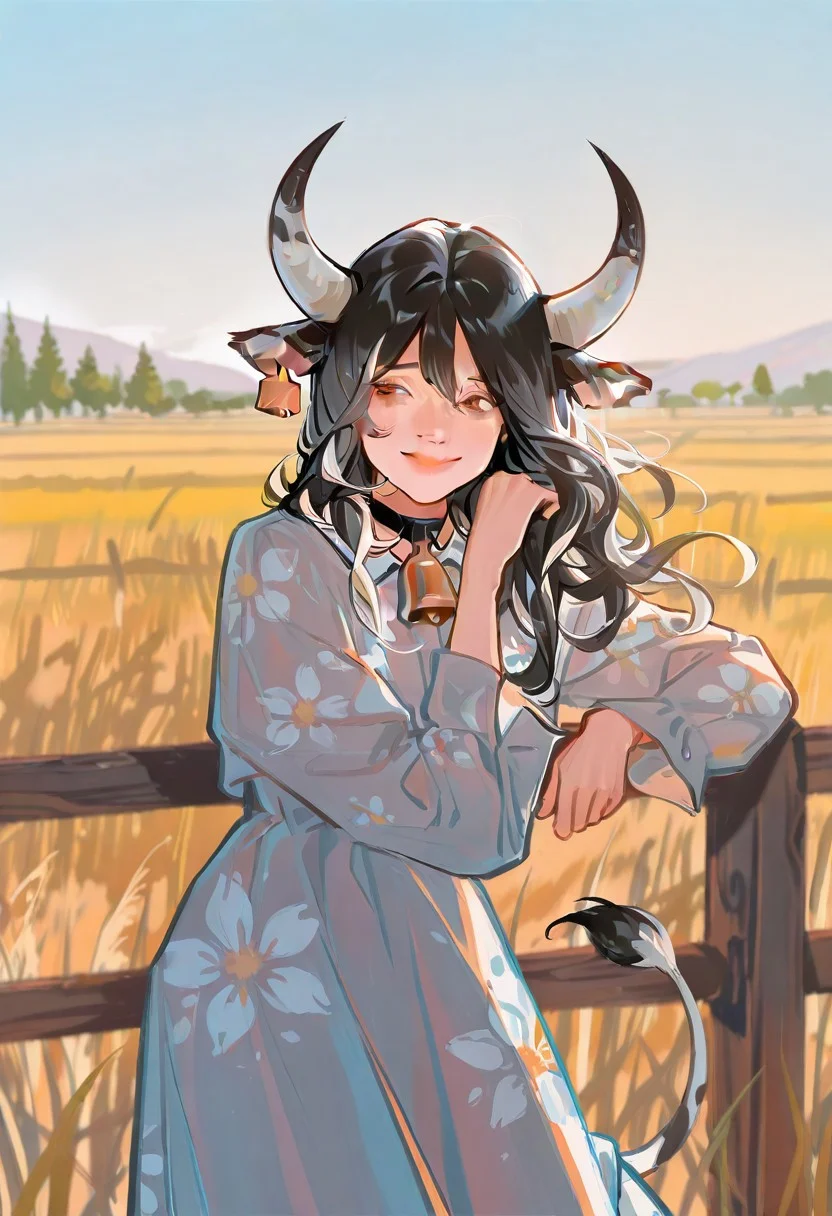 best quality, detailed face, detailed eyes, , solo, 
by kp, wwdenslow
masterpiece, best quality, very aesthetic, best quality, amazing quality, rich colour tones, adult woman, 1woman, white and black hair, white hair, black hair, white streaks, long hair, flowing hair, brown eyes, detailed eyes, cow ears, cow horns, cow tail, cow spots, cute outfit, colourful sundress, floral sundress, colourful outfit, sheer long sleeves, long sleeve sundress, cowbell choker, farm background, sunshower background, sunny and raining background, dynamic pose, leaning against fence pose, smile, happy expression, focus on torso and face