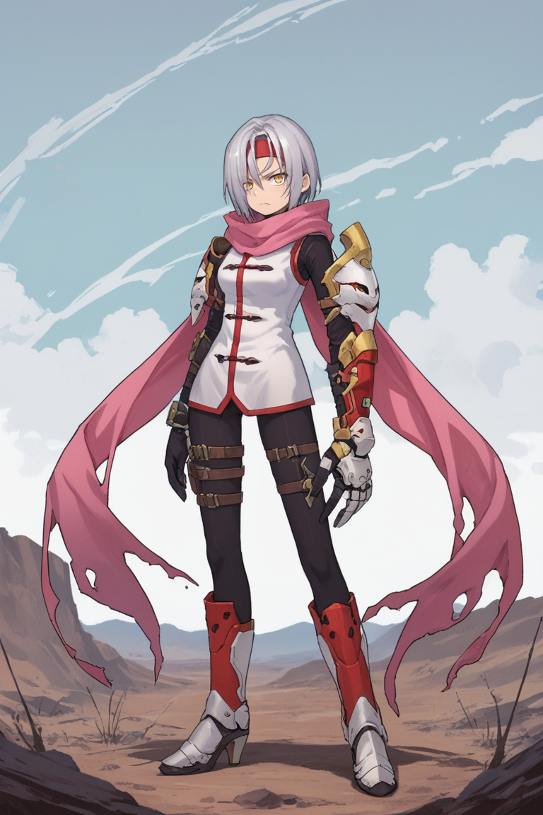 score_9, score_8_up, score_7_up, score_6_up, source_anime, BREAK, <lora:Zilva:0.6> , zildef, 1girl, short hair, grey hair, yellow eyes, red headband, (mask), (mask over one eye), scarf, pink scarf, white sweater vest, white shirt, bodysuit, bodysuit under clothes, (single gauntlet), black gloves, sheathed, asymmetrical footwear, single red sock, armored heels, looking at viewer, angry, closed mouth, full body, <lora:detailed_backgrounds_v2:0.6> , masterpiece, best quality, very aesthetic, absurdres, wasteland, outdoors, nature, blue sky,   <lora:Concept Art Eclipse Style LoRA_Pony XL v6:0.3> , concept art, realistic,