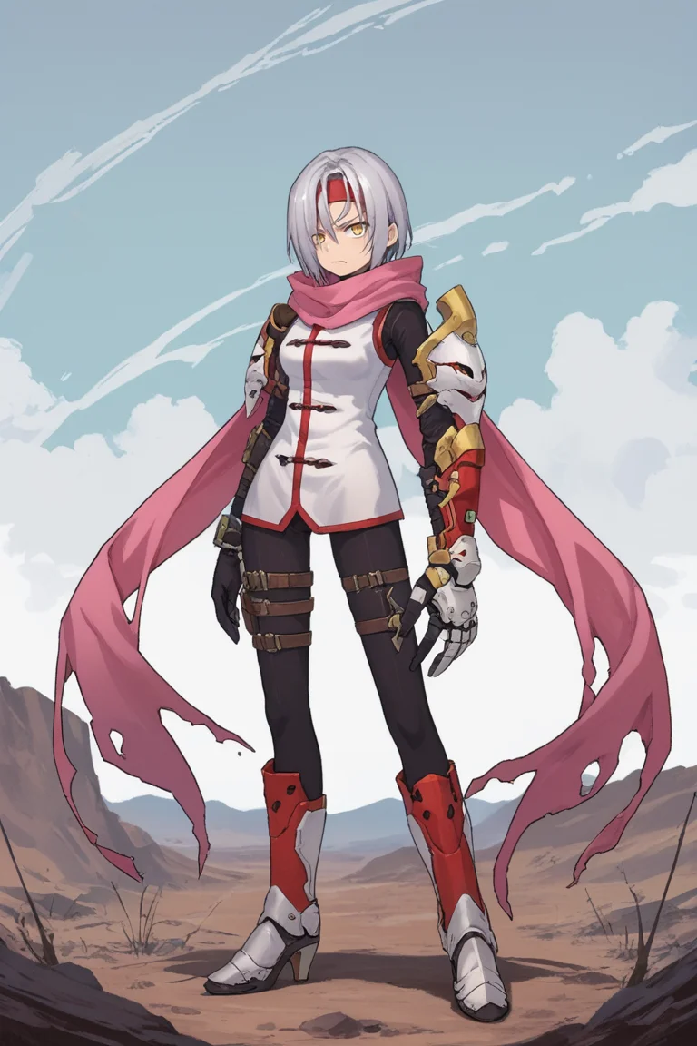 score_9, score_8_up, score_7_up, score_6_up, source_anime, BREAK, <lora:Zilva:0.6> , zildef, 1girl, short hair, grey hair, yellow eyes, red headband, (mask), (mask over one eye), scarf, pink scarf, white sweater vest, white shirt, bodysuit, bodysuit under clothes, (single gauntlet), black gloves, sheathed, asymmetrical footwear, single red sock, armored heels, looking at viewer, angry, closed mouth, full body, <lora:detailed_backgrounds_v2:0.6> , masterpiece, best quality, very aesthetic, absurdres, wasteland, outdoors, nature, blue sky,   <lora:Concept Art Eclipse Style LoRA_Pony XL v6:0.3> , concept art, realistic,